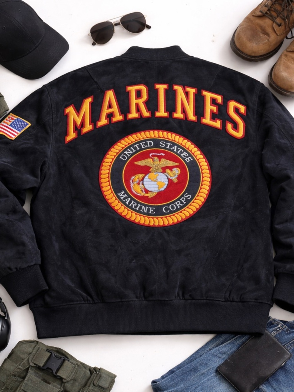 Vintage US Marines Black Suede Bomber Jacket USA Patch Military Unisex XL Rare